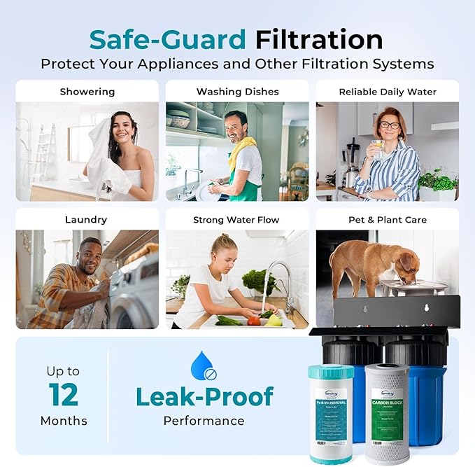iSpring WGB21BM 2-Stage Whole House Water Filtration System, 10” x 4.5” Carbon Block and Iron & Manganese Reducing Filters, 1" Ports