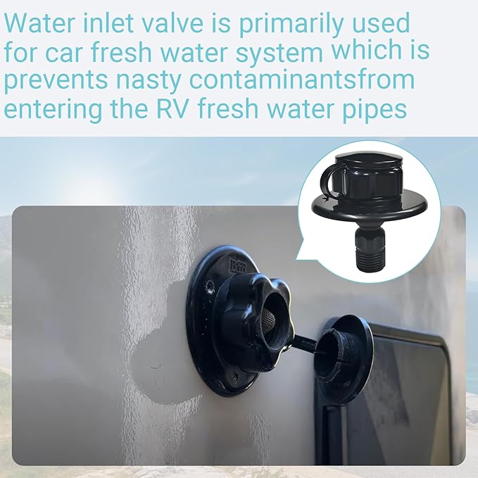 RV City Water Inlet Connection with Check Valve, RV City Water Fill Inlet for RV Camper Motorhome Trailer Marine, RV Water Flange Inlet Replacement (Black)