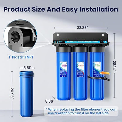 Whole House Water Filter System, 3-Stage Iron & Manganese Removal 20"x4.5" Filter, with Sediment Filter, Reduces Iron, Manganese, Chlorine, Odor, Sediment,1" NPT, 120,000 Gal Capacity