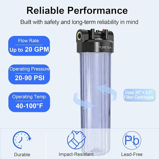 PWT20 Whole House Water Filter Housing, Fits 20” x 4.5” Big Blue Filters, Inline Pre-Filtration System for RV, Home Well and City Water Sediment etc with 1" NPT Port, Pressure Relief Valve