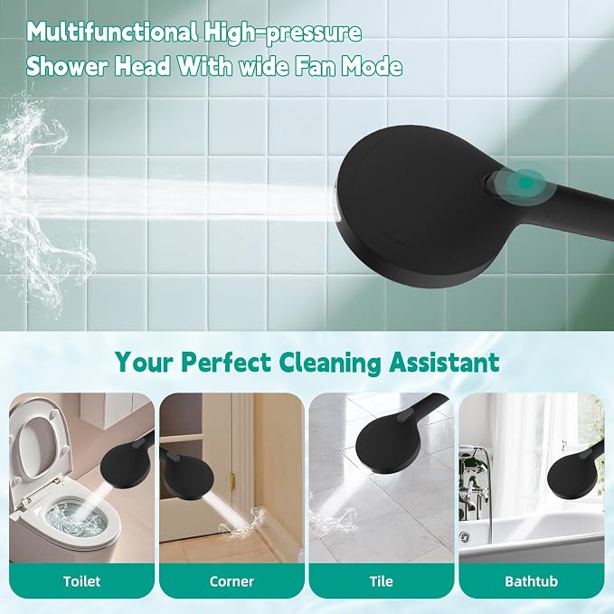 Hibbent High Pressure 10-mode Shower Head, Filtered Handheld Showerhead with Adjustable Brass Joint Holder, 71" Metal Hose, Improve Skin & Hair, Built-in Power Wash to Clean Tub & Pets, Black
