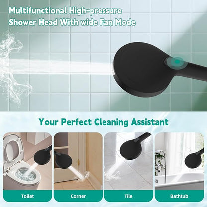 Hibbent High Pressure 10-mode Shower Head, Filtered Handheld Showerhead with Adjustable Brass Joint Holder, 71" Metal Hose, Improve Skin & Hair, Built-in Power Wash to Clean Tub & Pets, Black