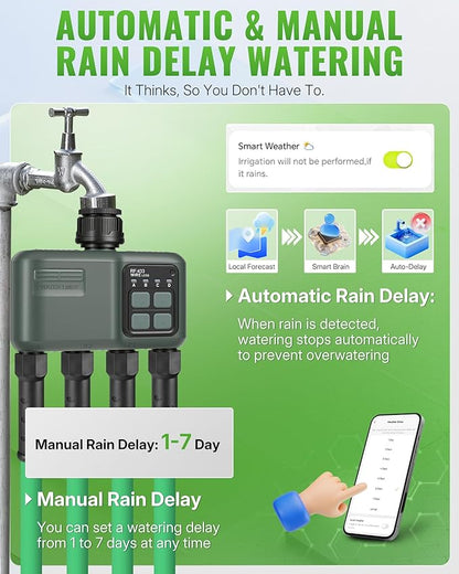 WiFi Water Timer for Garden Hose, Sprinkler Timer 4 Zone, Smart Hose Water with WiFi Irrigation Controller,Voice Control RF433 Automatic Irrigation System/Rain Delay/Manual Watering D34WT06