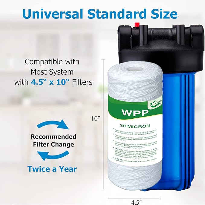 20 Micron Water Filter 10" x 4.5", 10-inch Whole House Heavy Duty String Wound Sediment Pre-Filters for Well Water, Replacement Cartridge for WP25BB97P, RS24, SWC-45-1020, PC10, 4-Pack