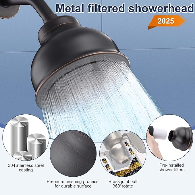 SonTiy Filtered Shower Head, All Metal Shower Filter Head For Hard Water Removes Chlorine, Improve Hair Skin, Adjustable High Pressure Water Softener Showerhead, 6 Inch, Oil Rubbed Bronze