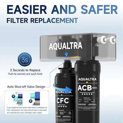 AQUALTRA USF-2B-15 Slightly Alkaline Under Sink Filter System, 28K Gal, Reduce PFOA, PFOS, Chlorine, Lead, Mercury, Chloramine, Fluoride, Microplastics Particles, Bad Taste & Odor