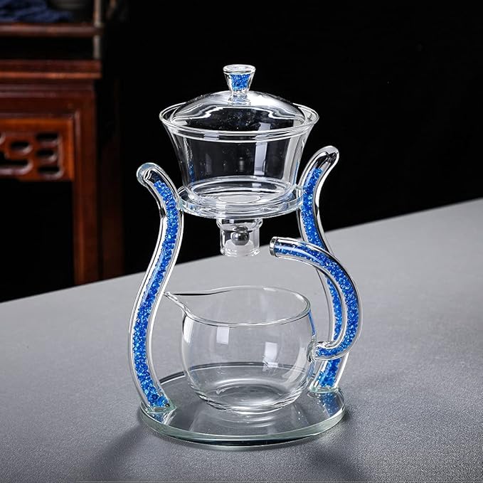 RORA Glass Teapot Set Semi Automatic Drip Rotating with Infuser Lazy Kungfu Tea pot Set (Blue)