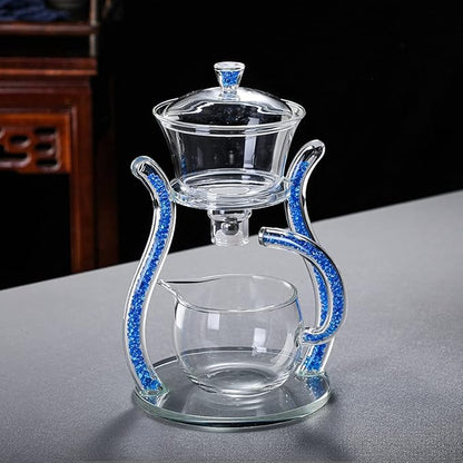 RORA Glass Teapot Set Semi Automatic Drip Rotating with Infuser Lazy Kungfu Tea pot Set (Blue)
