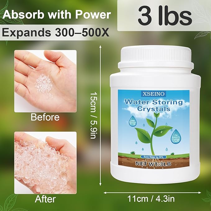 XSEINO 3LB Soil Moisture Crystals Water-Absorbing Hydrogel for Plants Solves Over and Under-Watering, Long-Lasting Water Retention to Keep Soil Moist Polymer Water Storage Crystals