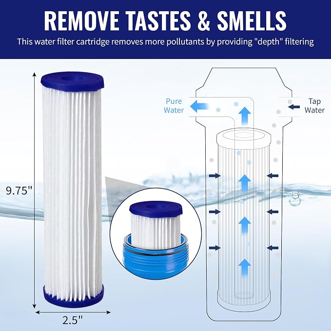 CFS Pleated Filters for EQ-PFC.35, WPC0.35-975, 0.35 Micron, 2 Pack | Sub-micron whole house post-filter polish; lasts about 6 months; 9.75 x 2.75 in, fits standard 10 in housings