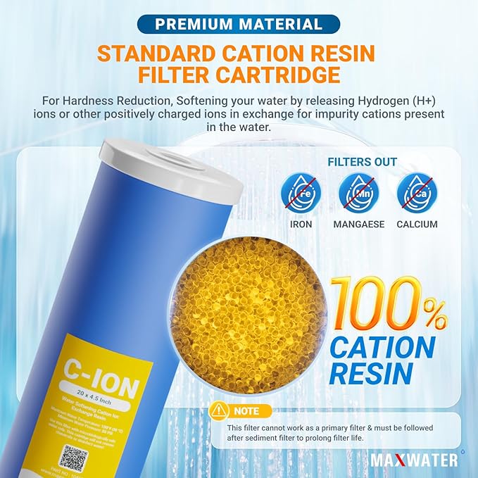 Max Water 20" x 4.5" BB Hard Water Replacement Filter Set - 20" Sediment + Cation Resin Cartridge for Hard Water Treatment & Sediment Removal | Fits Standard Whole House Water Filter Systems