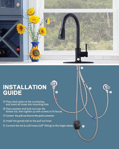 WOWOW Black Kitchen Faucet with Sprayer, Pull Down Kitchen Sink Faucet Lead-Free, Stainless Steel Single Handle Kitchen Faucets with Deck Plate, 360 Swivel High Arc Single Hole RV Kitchen Faucet