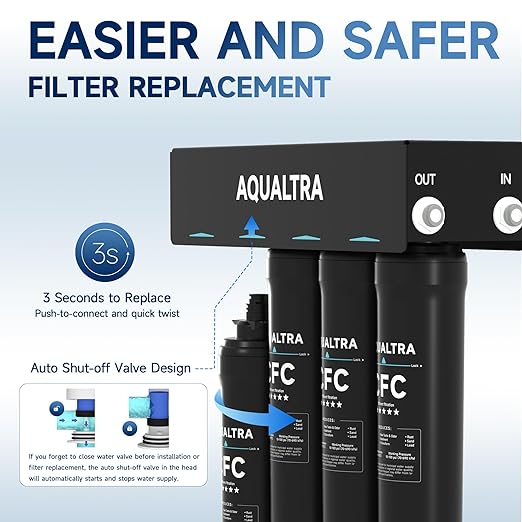 AQUALTRA USF-4F-10 Under Sink Water Filtration System, Commercial 65K Gal with Faucet, Reduce PFOA, PFOS, Chlorine, Lead, Mercury, Chloramine, Fluoride, Microplastics Particles, Bad Taste & Odor