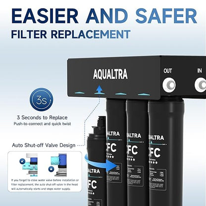 AQUALTRA USF-4F-10 Under Sink Water Filtration System, Commercial 65K Gal with Faucet, Reduce PFOA, PFOS, Chlorine, Lead, Mercury, Chloramine, Fluoride, Microplastics Particles, Bad Taste & Odor