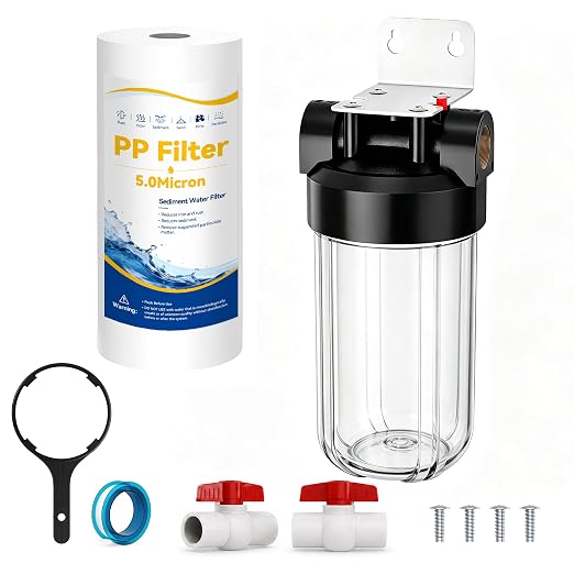 Whole House Water Filter Housing with Sediment Filter, 10"x4.5" Transparent Housing, Reduces Sediment, Rust, Dirt, Pre-Filtration System for City and Well Water, Included 1 Pack PP Filter, 2 Vavles