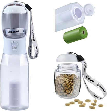 Cibaabo Dog Water Bottle with Food Container & Poop Bag Holder & Filter | Travel Water Bowl, Portable Pet Dispenser, Dog Gifts, Puppy Essentials for Walking Hiking