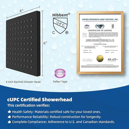 Hibbent cUPC Certified Metal Rain Shower Head, 6'' High Pressure Rainfall Shower Head, Square Bathroom Waterfall Shower Heads, High Flow Fixed Showerheads with Adjustable Brass Ball Joint, Matte Black