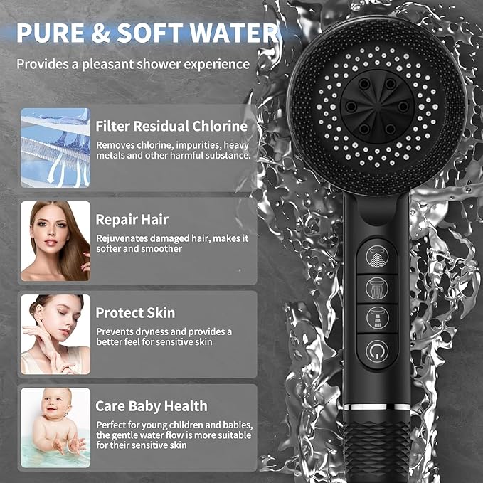 Filtered Shower Head with Handheld, High Pressure 3 Spray Showerhead with Filters & Upgraded Anti-clog Nozzles for Hard Water -Remove Chlorine, Reduce Dry Itchy Skin -ON/OFF Switch for Pet Bath，Black