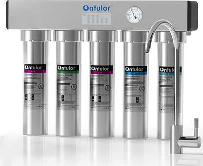 Ontulor S2OP-U1 Ultra Filtration Under Sink Water Filter System - 0.01 Micron Stainless Steel Tankless Filtration System w/Pressure Gauge & Filter Life Indicator, Reduces Chlorine, Taste and Odor