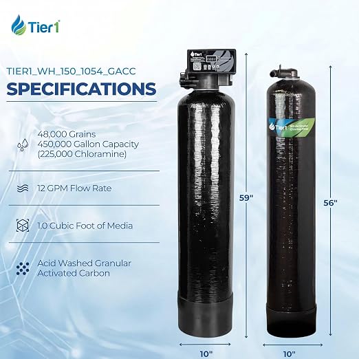 Tier1 48,000 Grain Water Softener & Chloramine Reduction Filter | Whole House 3-in-1 with Catalytic Carbon Filtration & Sediment Pre-Filter | Ideal for 3–4 Bathroom Homes | Metered Valve Control