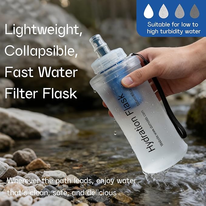 GUYI 1.0L Collapsible Water Filter Bottle, Removes Impurities, BPA Free, Ultralight for Hiking, Camping, Cycling & Travel-White