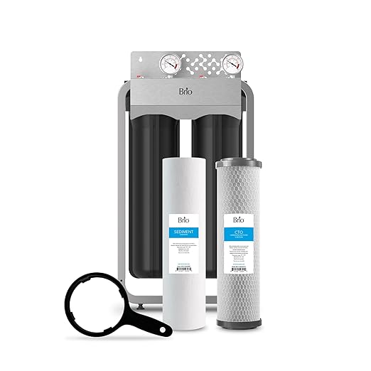 Brio Whole House Water Filter System w/Gauges | 2 Stage Fast-Flow Filtration (5 Micron Sediment, CTO Carbon Block) 4.5" x 20" Filters | Improves Taste, Protects Home Appliances & Shower | 900 GPH
