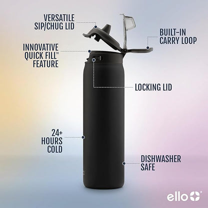Ello Pop & Fill 22oz Stainless Steel Water Bottle with Quick Fill Technology, Double Walled and Vacuum Insulated Metal, Leak Proof Locking Lid, Sip and Chug, Reusable, BPA Free, Black
