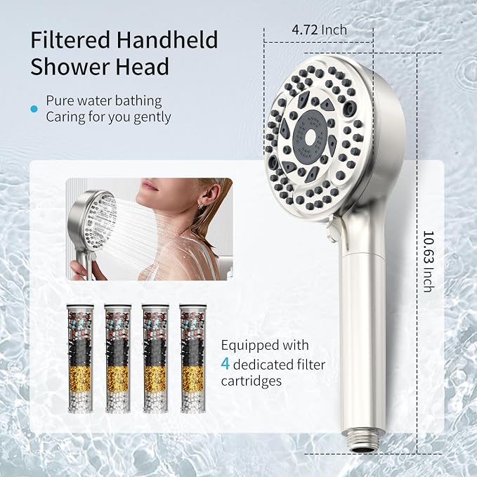 Filtered Shower Head with Handheld, 9 Spray Mode High Pressure Shower Head with 4 Filters, Hard Water Filter Showerhead - Remove Chlorine, Brushed Nickel