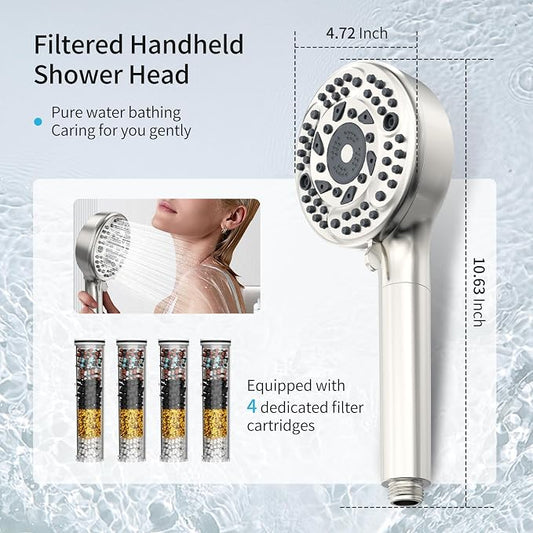 Filtered Shower Head with Handheld, 9 Spray Mode High Pressure Shower Head with 4 Filters, Hard Water Filter Showerhead - Remove Chlorine, Brushed Nickel