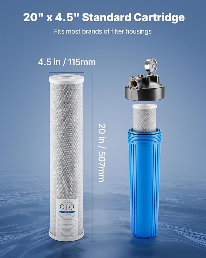 VEVOR CTO Whole House Water Filter - Universal Fit 20 x 4.5 Inch - Activated Carbon Block Cartridge Replacement, 5 Micron Coconut Shell Charcoal Filter, Reduce Chlorine, Bad Taste, Odor