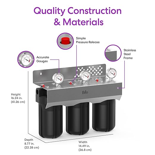 Brio Whole House Water Filter System w/Gauges | 3 Stage Fast-Flow Filtration (Sediment, CTO Carbon Block, Iron & Maganese) 4.5" x 10" Filters | Improves Taste, Protects Home Appliances | 720 GPH