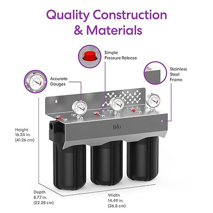 Brio Whole House Water Filter System w/Gauges | 3 Stage Fast-Flow Filtration (Sediment, CTO Carbon Block, Iron & Maganese) 4.5" x 10" Filters | Improves Taste, Protects Home Appliances | 720 GPH