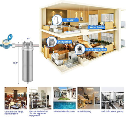Amwater NSF/ANSI 42 Stainless Steel Whole House Water Filter Housing, 10" x 2.5" Sediment Water Filter System for Heavy Duty, Well & City Water, 3/4" NPT Port, Drain Valve Style C(Square Head)
