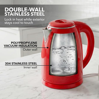 OVENTE 1.7L Double Wall Electric Tea Kettle, 1100W Water Boiler and Heater with Cool-Touch Exterior, Stainless Steel Insulated Interior, Auto Shut-Off, Boil-Dry Protection & Locking Lid, Red KD64R