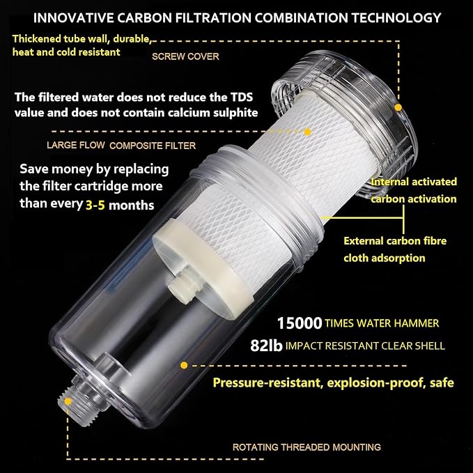 1 Micron Washing Machine Water Filter, Washer Water Filter System, For Washing Machine, Faucet, > 99.5% Removal of Chlorine Fluoride, Heavy Metals, Odor, Reusable Carbon Shower Filter