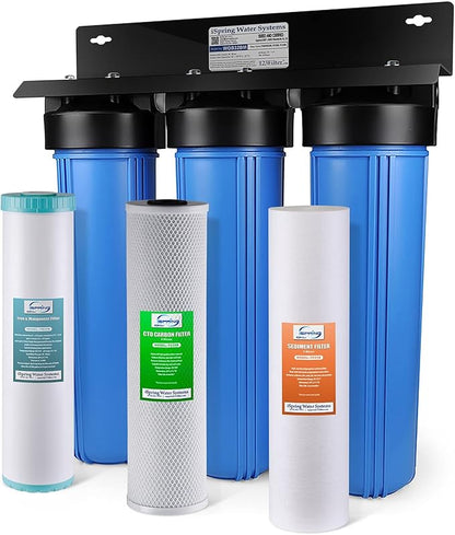 iSpring WGB32BM 3-Stage Whole House Water Filtration System w/ 20-Inch Sediment, Carbon Block & Reusable Whole House Spin Down Sediment Water Filter with Siliphos, Multiple Micron Sizes