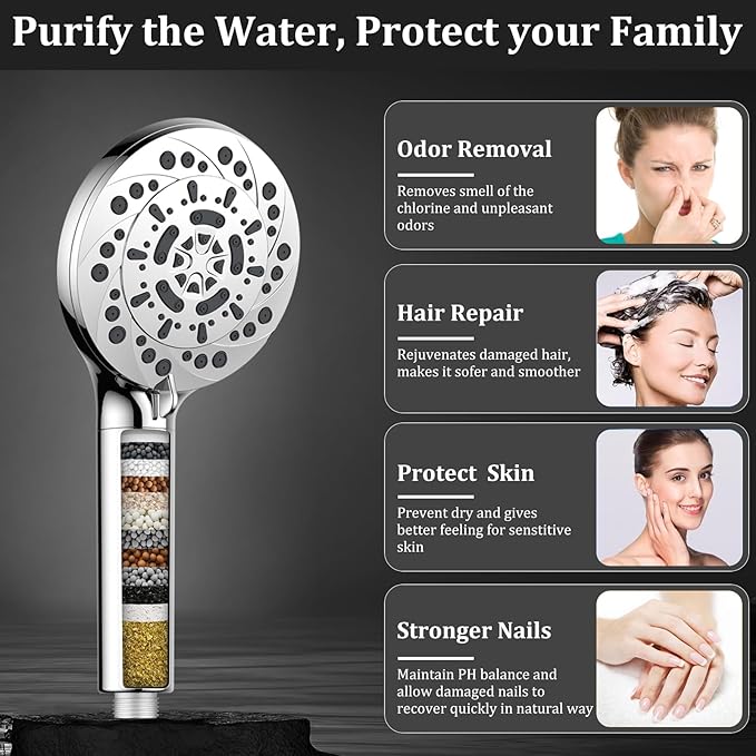 Vatex Filtered Shower Head with Handheld, High Pressure 5 Spray Modes Showerhead with Hose, Bracket and 15 Stages Water Softener Filters Beads for Hard Water Remove Chlorine and Harmful Substance