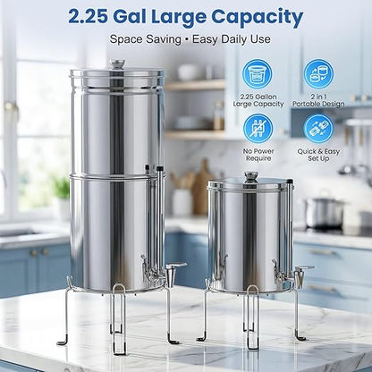 Upgrade Gravity Countertop Water Filter System,Stainless Steel Water Filter with 6-Stage Ultra Filtration,2.25 Gallon