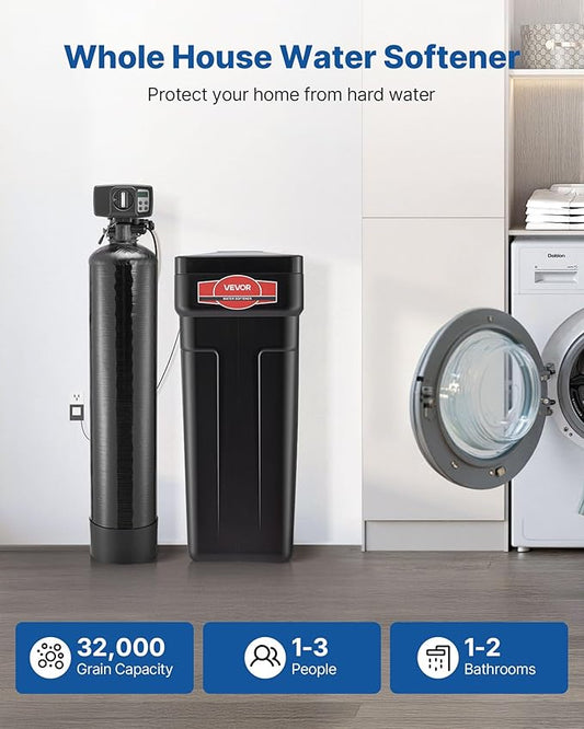 VEVOR Water Softener, 32,000 Grains Whole House Water Softener System, with Automatic Digital Control Head, Bypass Valve, Reduce Hardness and Minerals, Improve Water Quality, for 1-2 Bathrooms