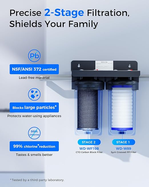 Waterdrop WHF21-BG 2-Stage Whole House Water Filter System, 5 Micron | Highly Reduces Chlorine, Taste, Odor, 5-Stage Filtration, with CTO Carbon Filter and Sediment Filter, 1" Inlet/Outlet