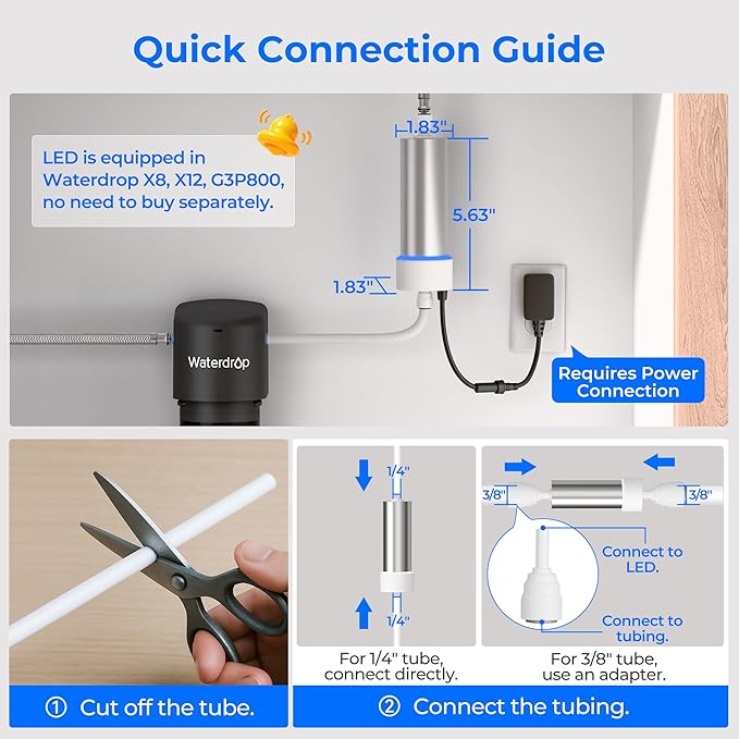 Waterdrop LED UV Ultraviolet Water Filter for Under Sink Water Filter and Reverse Osmosis System, Reduces up to 99.9% of Harmful Substances, Mercury-Free, FCC Certified, Stainless Steel, 50 Year Life