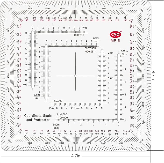 CYA MP-5 Square Military Map Protractor - Multi Scale UTM Coordinate Tool | Multi-scale MP-5 square map protractor for 1:24k to 1:500k charts. Features degrees, mils & USGS 7.5 min map rulers.