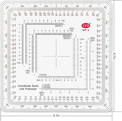 CYA MP-5 Square Military Map Protractor - Multi Scale UTM Coordinate Tool | Multi-scale MP-5 square map protractor for 1:24k to 1:500k charts. Features degrees, mils & USGS 7.5 min map rulers.