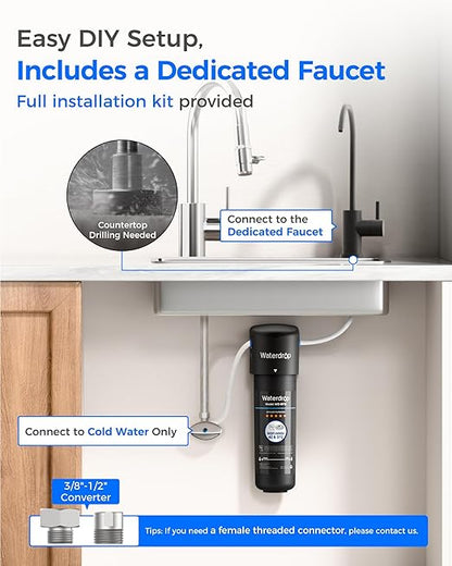 Waterdrop 10UB-B Under Sink Water Filter, Reduces PFAS, PFOA/PFOS, Lead, Chlorine, Bad Taste, NSF/ANSI 42 Certified, 11K Gallons, Easy Installation, Black Faucet
