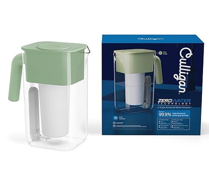 Culligan with ZeroWater Technology 10-Cup Water Filter Pitcher – Includes 5-Stage Advanced Water Filter, IAPMO Certified to Reduce Lead, Total PFAS, Mercury, Fluoride, and Chlorine - Sage