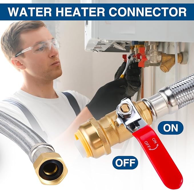 Heavy Duty 24" Braided Stainless Steel Hot Water Heater Hose – 3/4 Inch FIP x 3/4 Inch Ball Valve, Push-to-Connect Brass Fitting