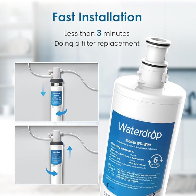 Waterdrop 3US-MAX-F01 3US-PF01 Under Sink Water Filter, 2 Pack | Compatible with Filtrete® Maximum 3US-MAX-S01, 3US-PS01, Aqua-Pure C-Cyst-FF, Manitowoc K-00337 K-00338, HF20-S, NSF/ANSI 42