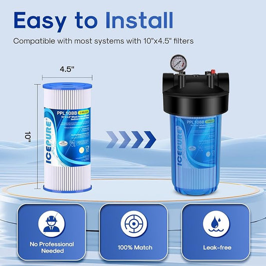 ICEPURE 5 Micron 10" x 4.5" Whole House Sediment Pleated Water Filter Replacement for GE FXHSC, Culligan R50-BBSA, Pentek R50-BB, DuPont WFHDC3001, W50PEHD, GXWH40L, GXWH35F for Well Water, 1PACK