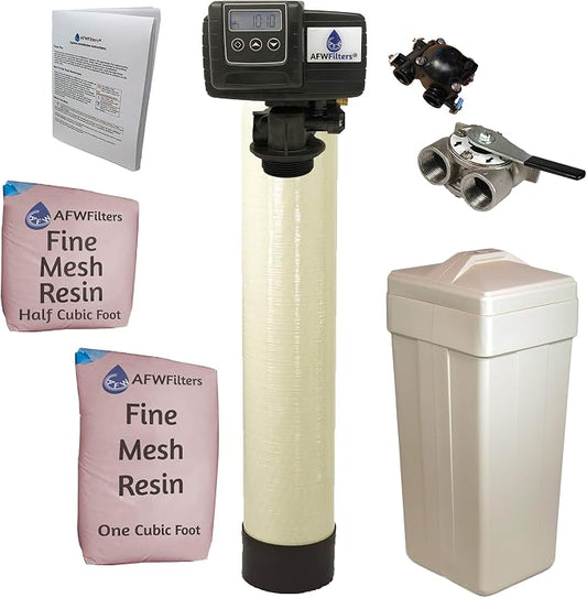 AFWFilters 1.5 Cubic Foot (48k) Whole Home Iron Pro Water Softener with Fine Mesh Resin,1" Stainless Steel FNPT Connection, and Almond Tanks