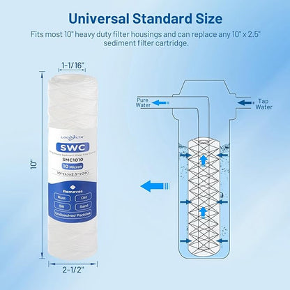 Whole House 10 Micron 10" x 2.5" String Wound Sediment Well Water Filter Cartridge Replacement for CW-F, 155186-43, 3WH-STDSW-F02, SW-25-1010, EPW2S, SP-CW10, WHF-102, WPP-25098-10 (Pack of 6)